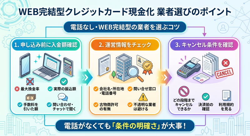 クレジットカード現金化電話なしWEB完結業者の選び方