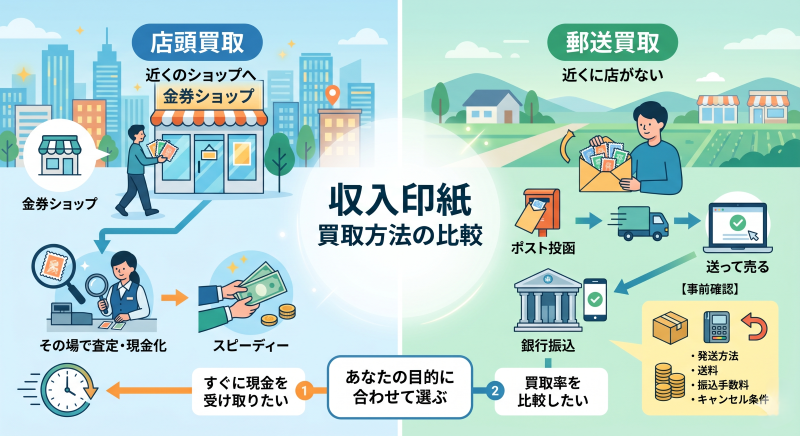 収入印紙現金化で店頭買取と郵送買取について